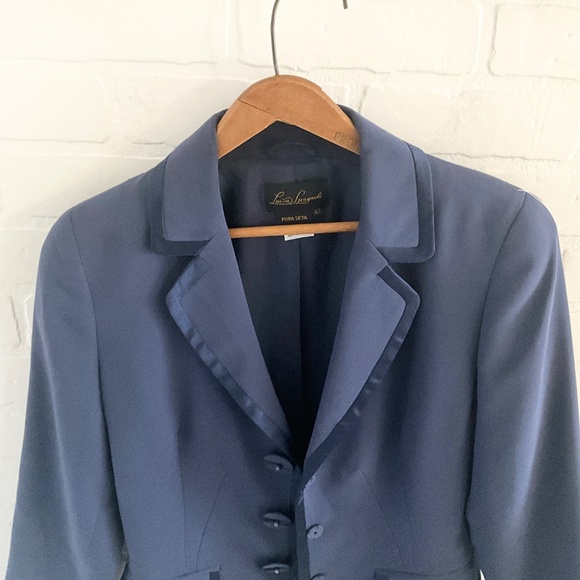 Luisa Spagnoli Women’s Blazer Silk Navy Blue Satin trims Suiting Tailoring Sz M - Picture 2 of 16
